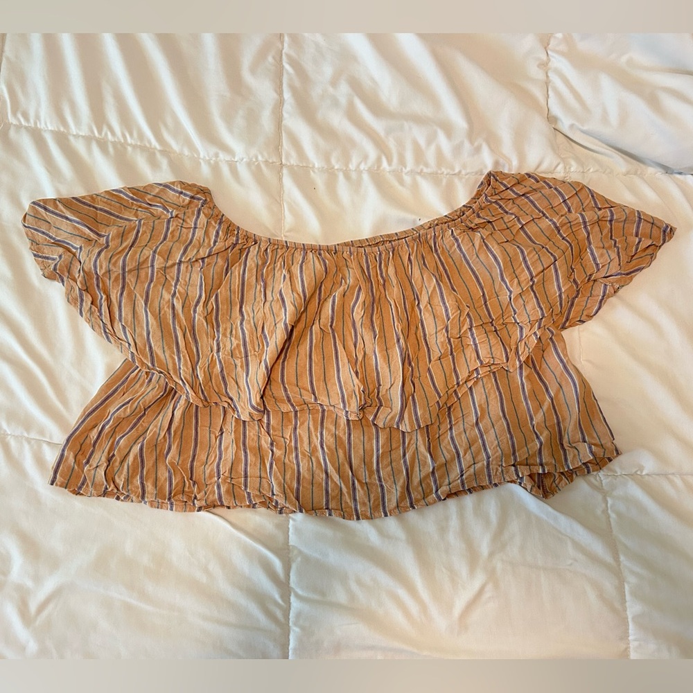 Urban Outfitters-Kimchi Blue Tan and Blue Striped Off-Shoulder Blouse